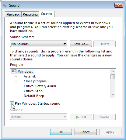 Uncheck Play Windows Startup Sound