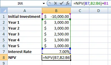 Enter the formula for NPV in B8