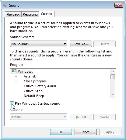 Uncheck Play Windows Startup Sound