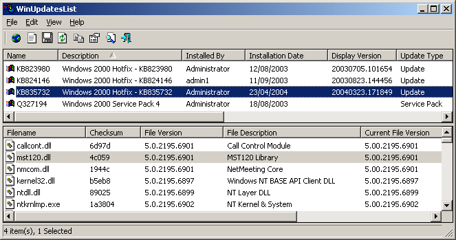 Installation date. Kb835732 Windows 2000. Update list.